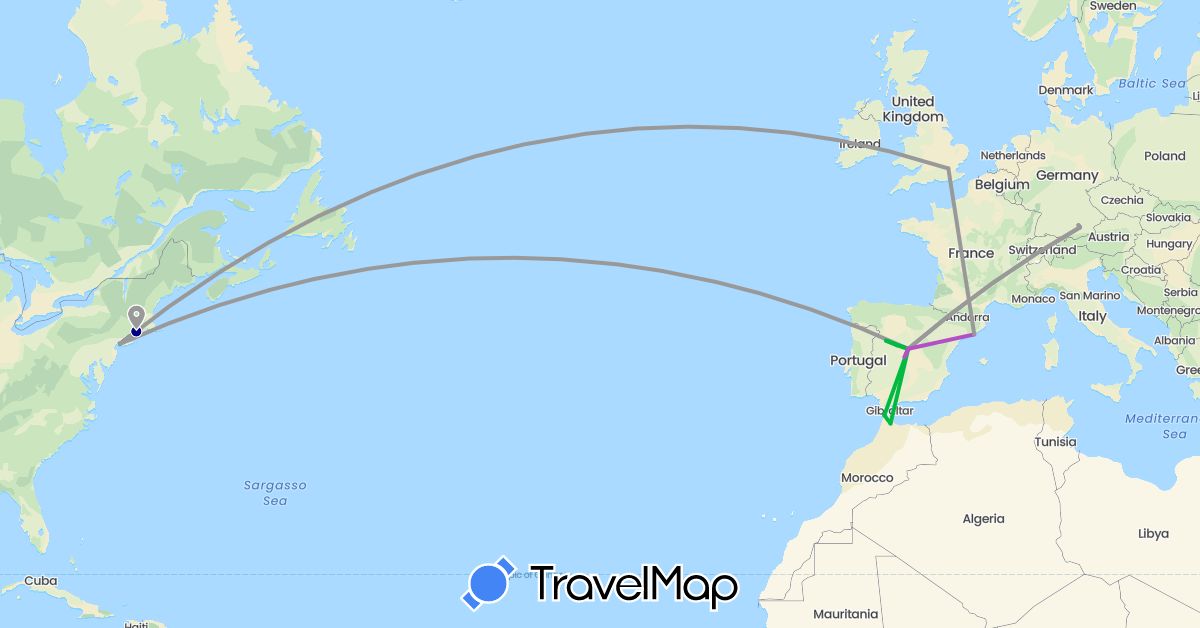 TravelMap itinerary: driving, bus, plane, train in Germany, Spain, United Kingdom, Morocco, United States (Africa, Europe, North America)